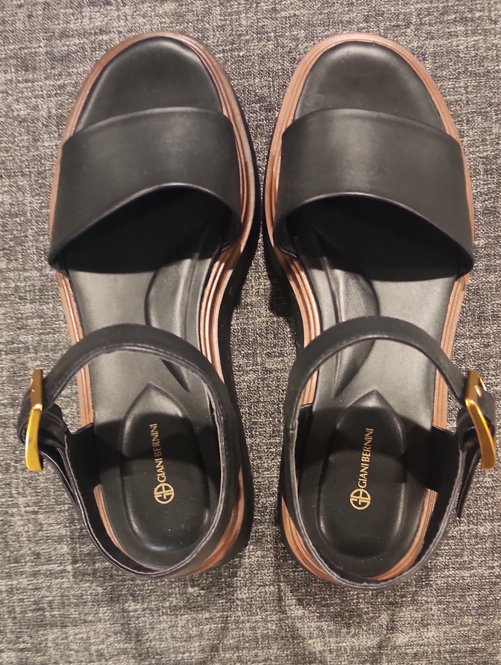 Giani Bernini Black Sandal with Brown-Trim Platform and Gold Buckle- New Size 10